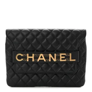 Chanel Calfskin Quilted Front Logo Enchained Clutch Black