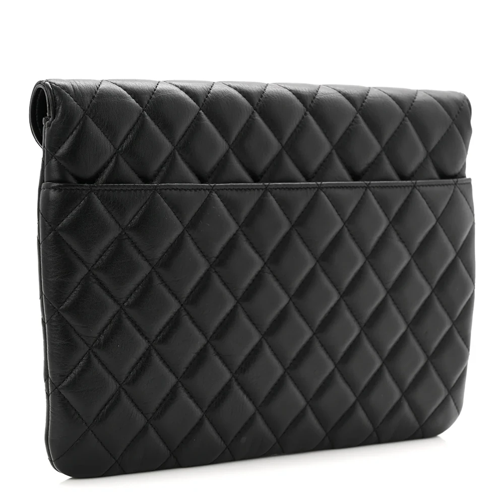 Chanel Calfskin Quilted Front Logo Enchained Clutch Black