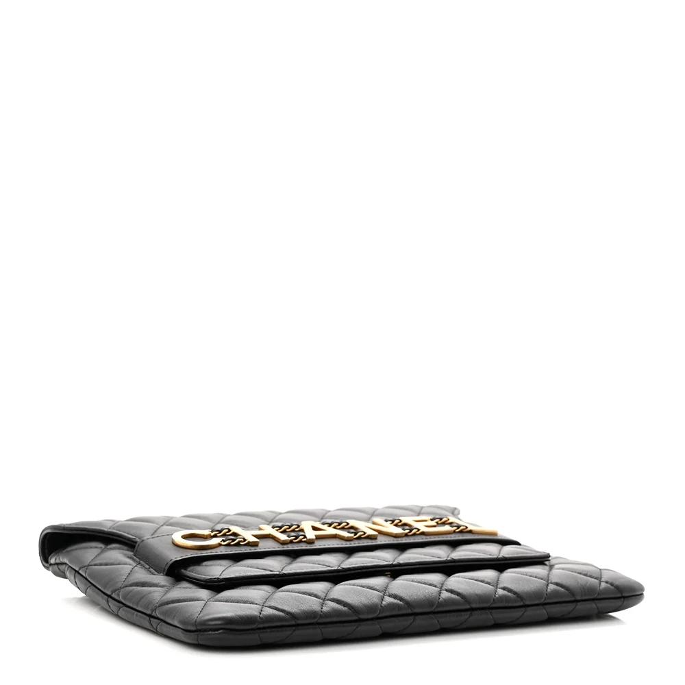 Chanel Calfskin Quilted Front Logo Enchained Clutch Black