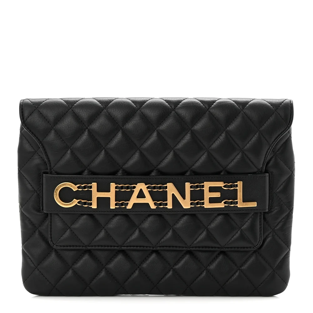 Chanel Calfskin Quilted Front Logo Enchained Clutch Black