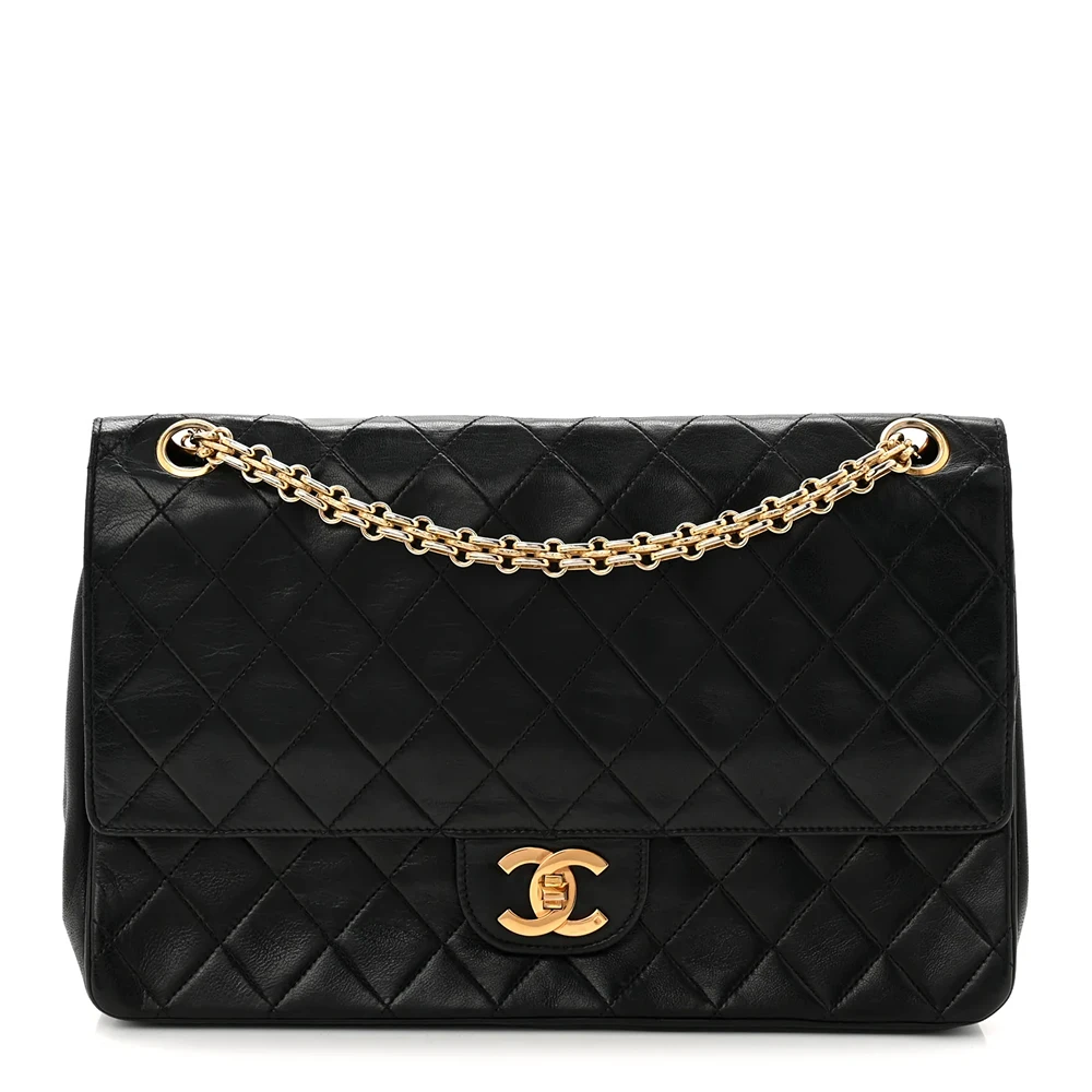 Chanel Lambskin Quilted Medium Double Flap Bijoux Chain (Black)