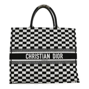 Christian Dior Canvas Embroidered Checkered Book Tote Black & White
