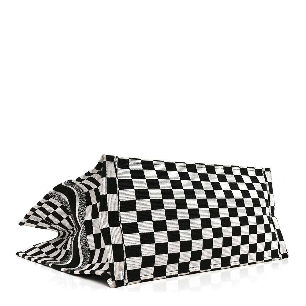 Christian Dior Canvas Embroidered Checkered Book Tote Black & White