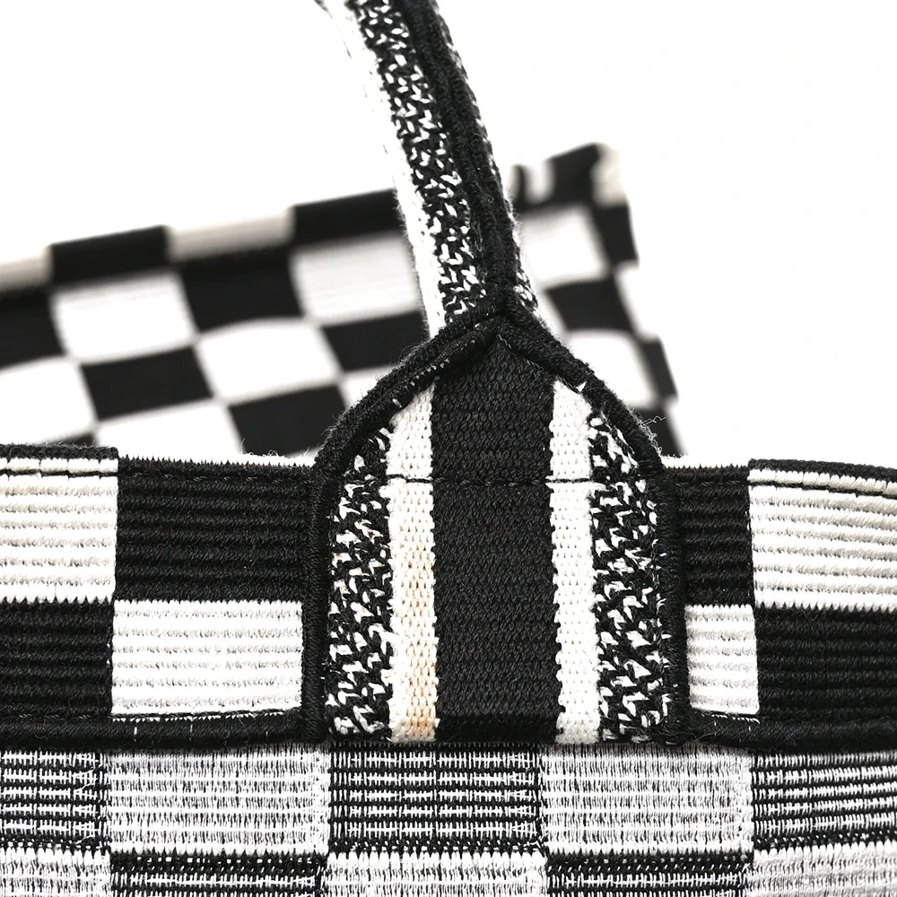 Christian Dior Canvas Embroidered Checkered Book Tote Black & White