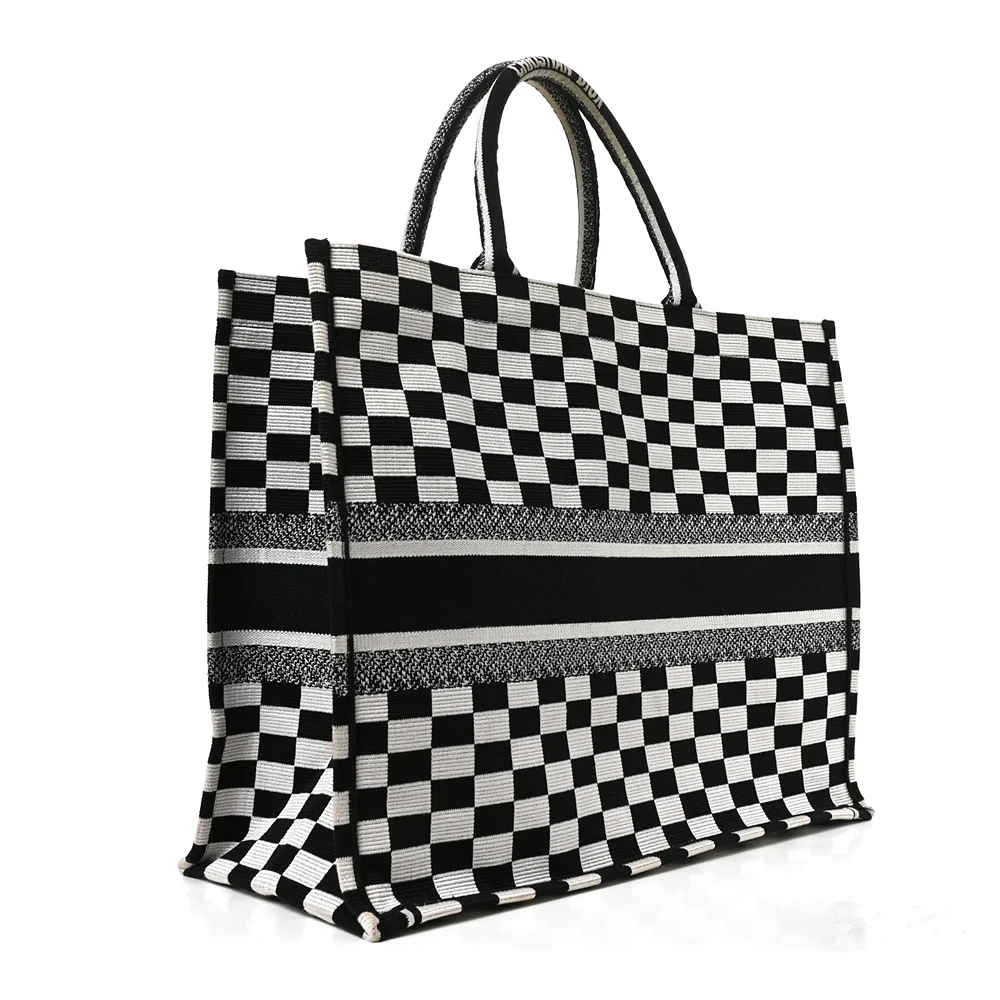 Christian Dior Canvas Embroidered Checkered Book Tote Black & White