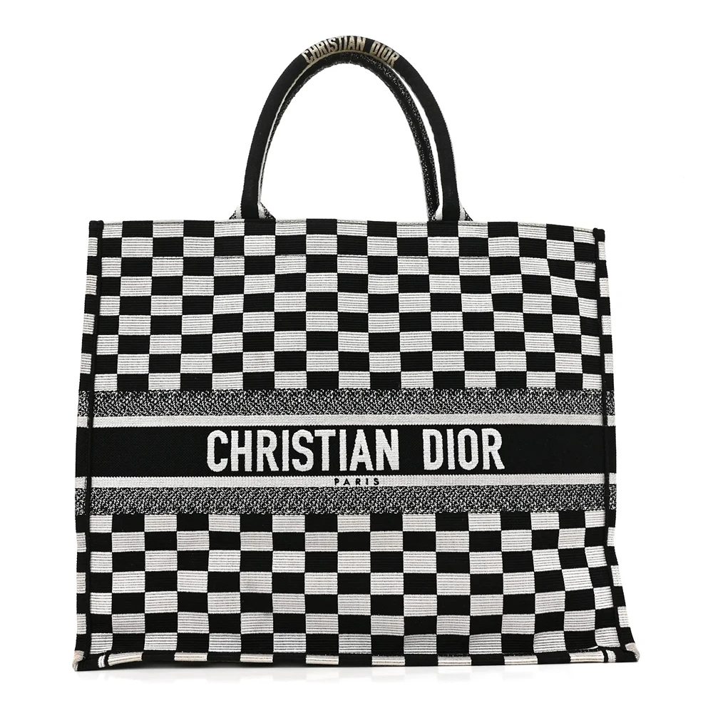 Christian Dior Canvas Embroidered Checkered Book Tote Black & White