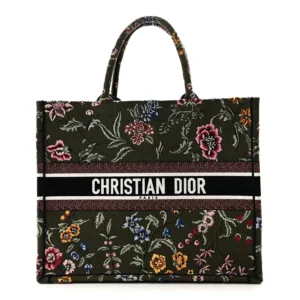 Christian Dior Canvas Embroidered Large Petites Fleurs Book Tote Green Multicolor