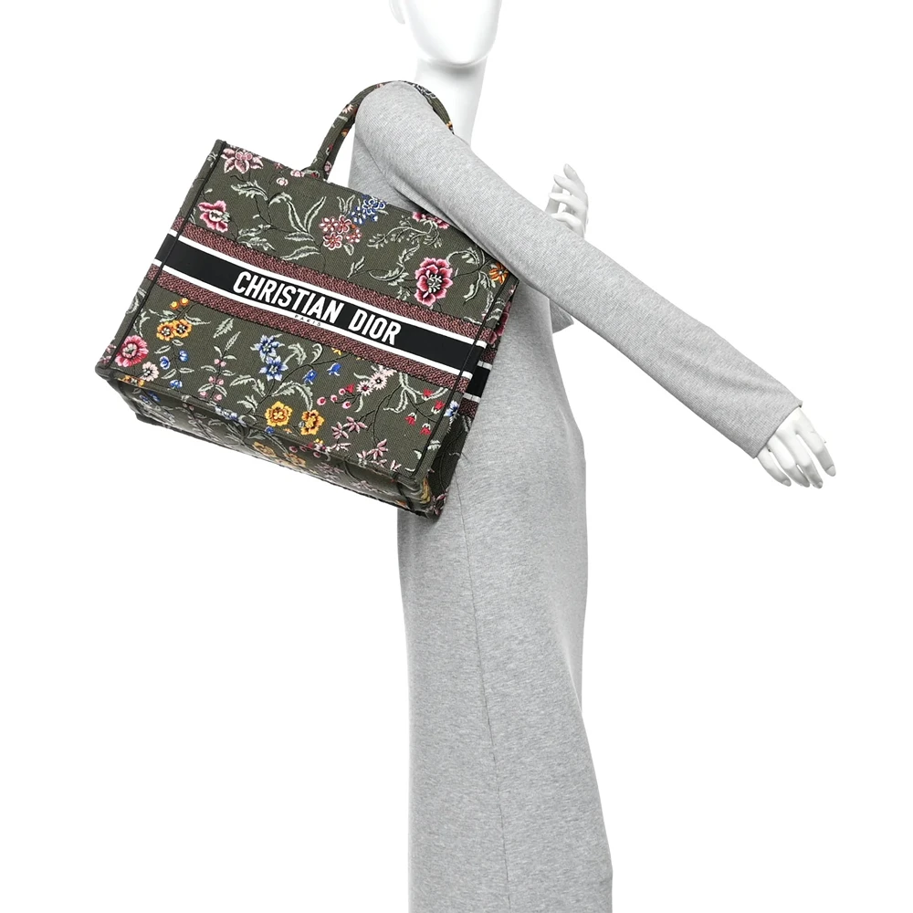 Christian Dior Canvas Embroidered Large Petites Fleurs Book Tote Green Multicolor