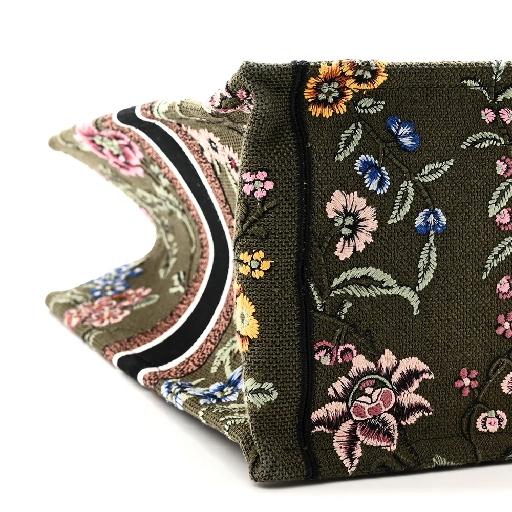 Christian Dior Canvas Embroidered Large Petites Fleurs Book Tote Green Multicolor