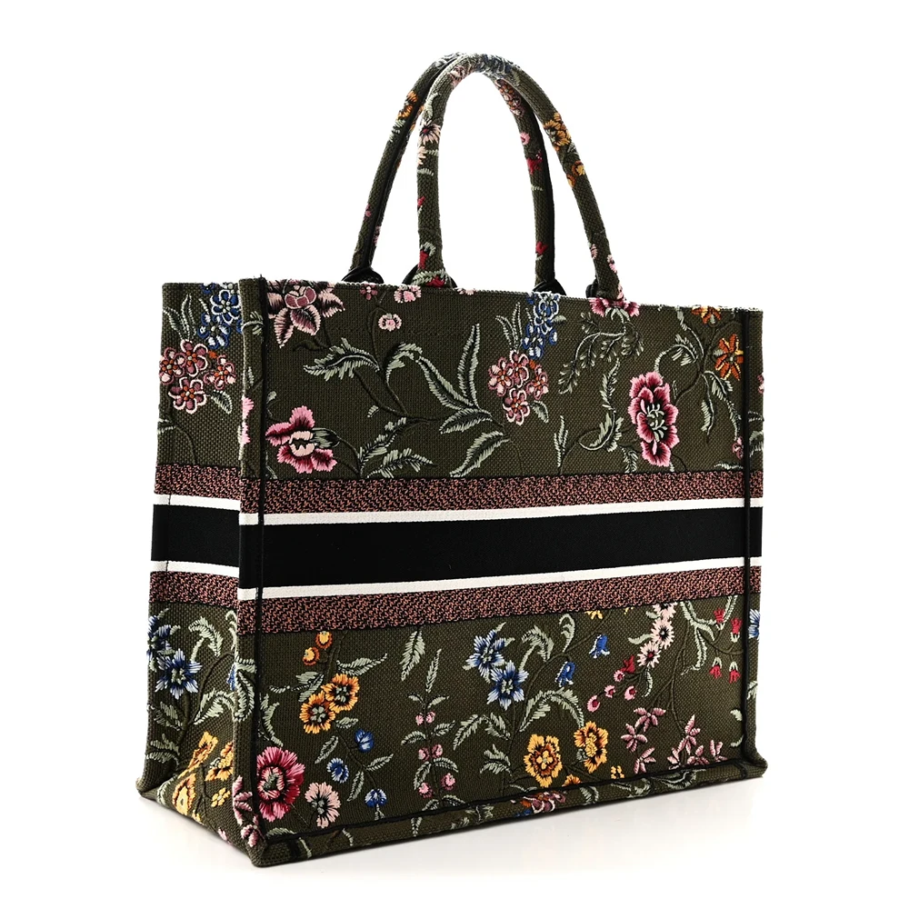 Christian Dior Canvas Embroidered Large Petites Fleurs Book Tote Green Multicolor
