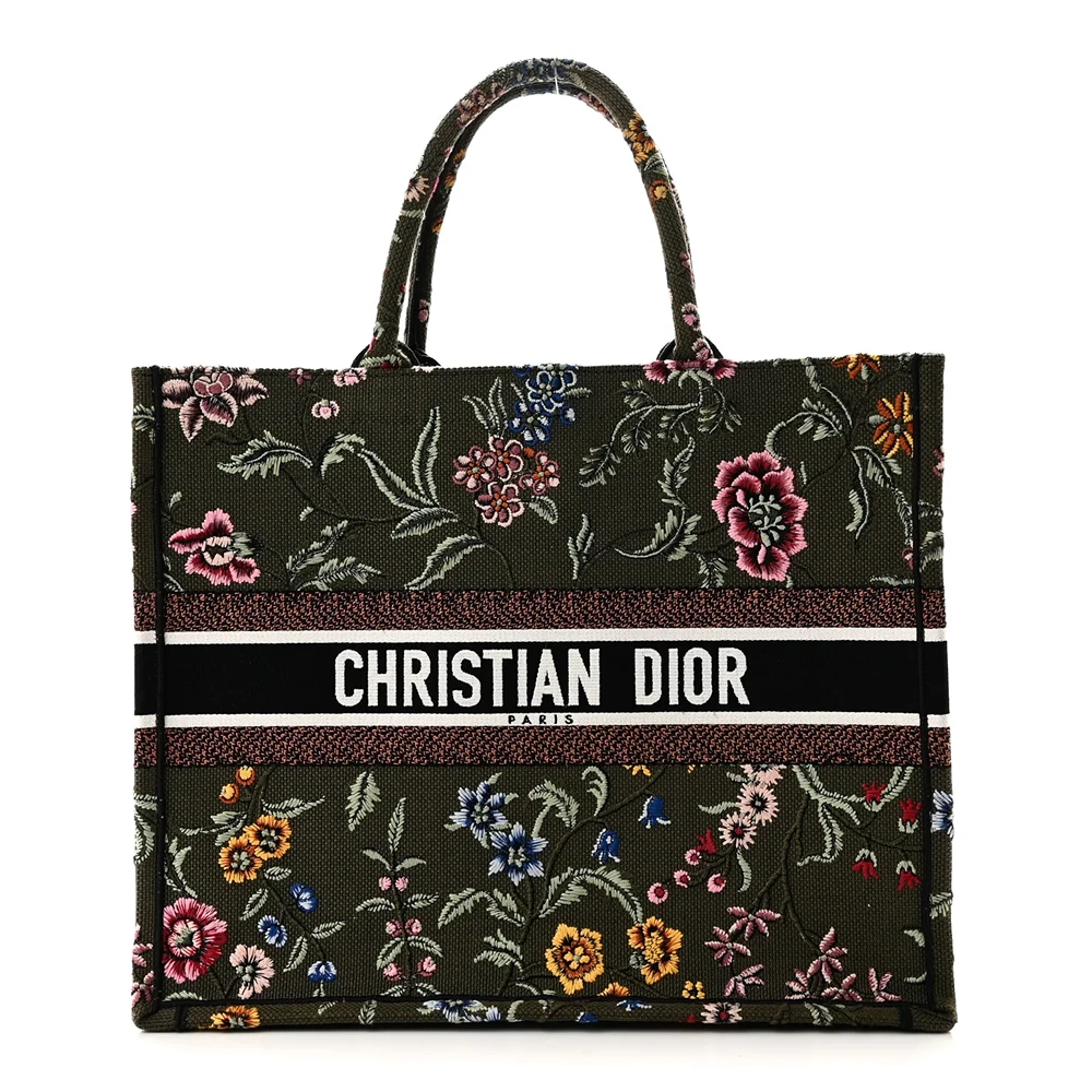 Christian Dior Canvas Embroidered Large Petites Fleurs Book Tote Green Multicolor