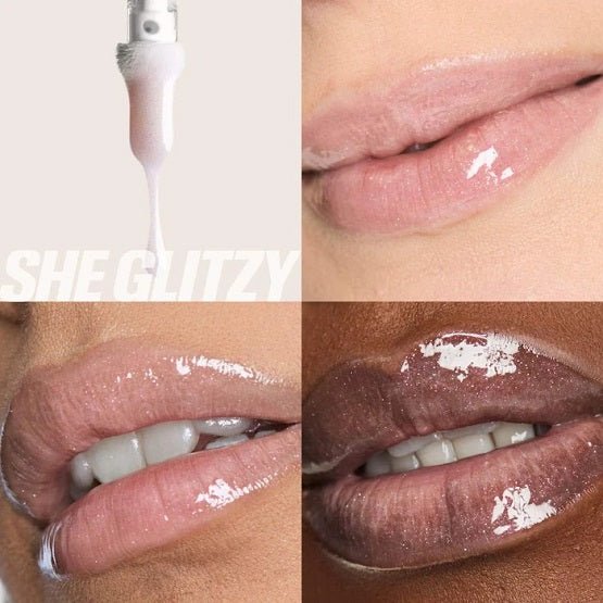HUDA BEAUTY – Faux Filler Icy Nude Shiny Non-Sticky Lip Gloss – She Glitzy