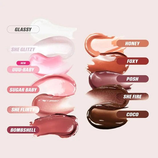 HUDA BEAUTY – Faux Filler Icy Nude Shiny Non-Sticky Lip Gloss – She Glitzy