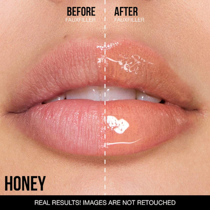 HUDA BEAUTY – Faux Filler Shiny Non-Sticky Lip Gloss – Honey – Light Peachy Nude