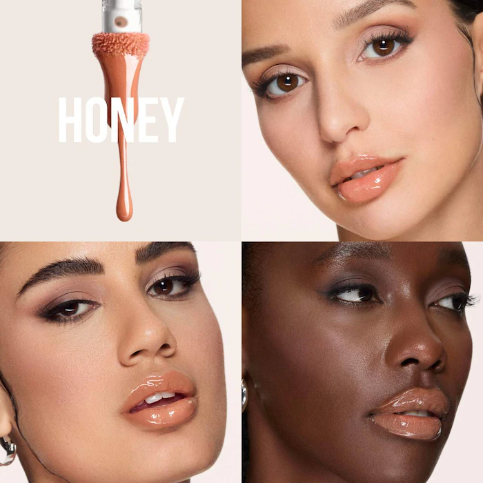 HUDA BEAUTY – Faux Filler Shiny Non-Sticky Lip Gloss – Honey – Light Peachy Nude